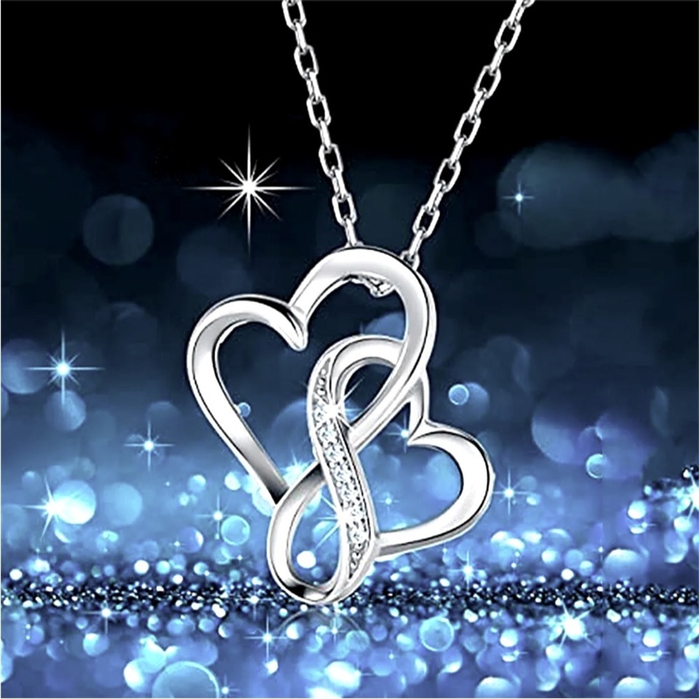 New Beautiful Sterling Silver White Sapphire Infinity Hearts Necklace
